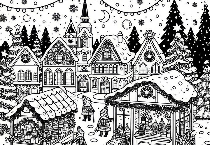 Besneeuwde kerstmarkt in december als kleurplaat (Gratis)