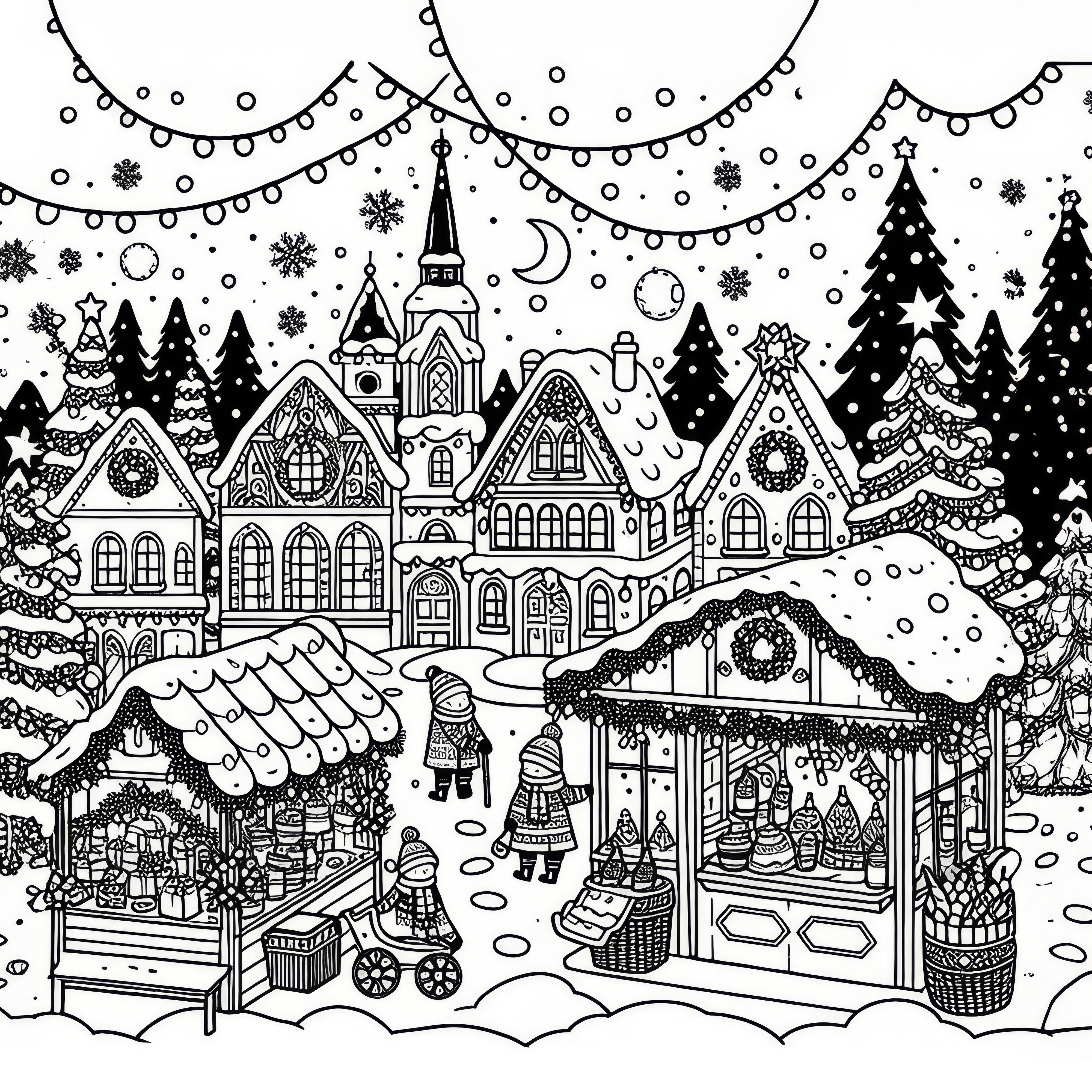 12月の雪景色のクリスマスマーケットを塗り絵のテンプレートとして利用できます（無料）。