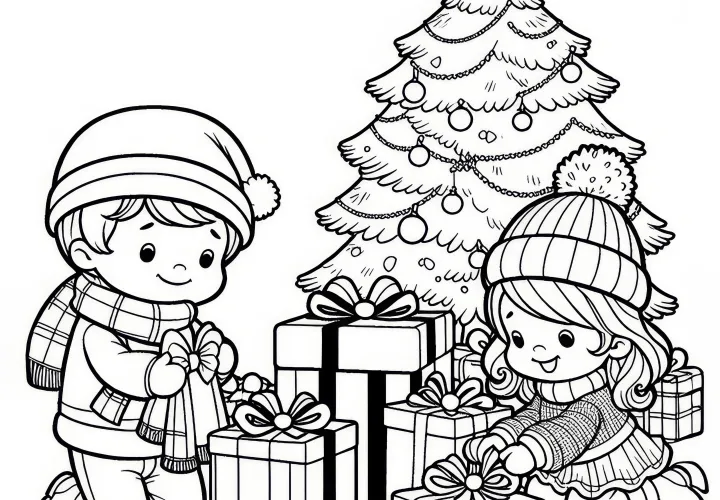 Kinder pakken cadeautjes uit onder de boom: December kleurplaat om te downloaden (Gratis)