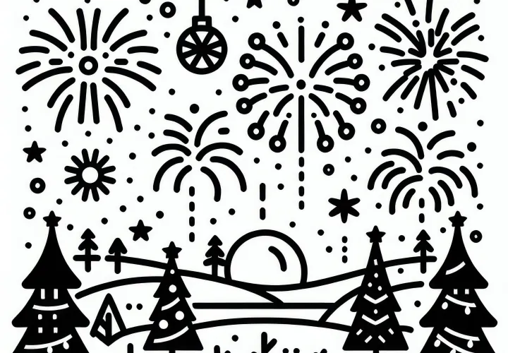 Vuurwerk met Nieuwjaar in december: Kleurplaat om te downloaden (Gratis)