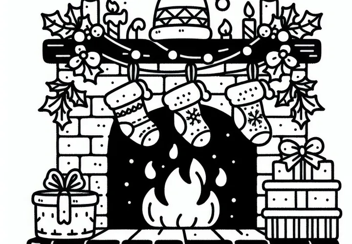 Haardvuur met kerstsokken: Gratis december kleurplaat