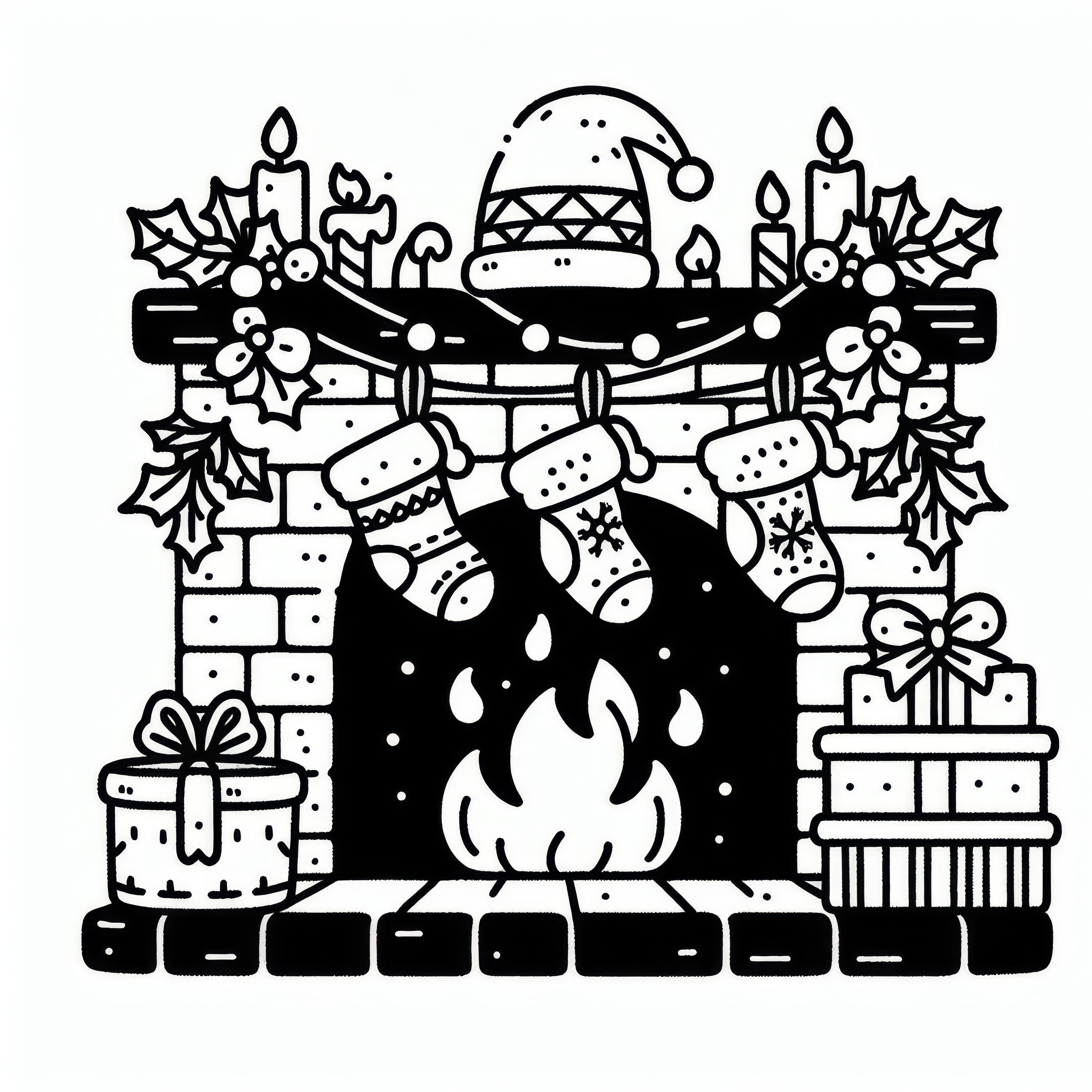 Api unggun dengan kaus kaki Natal: Gambar mewarnai gratis untuk bulan Desember