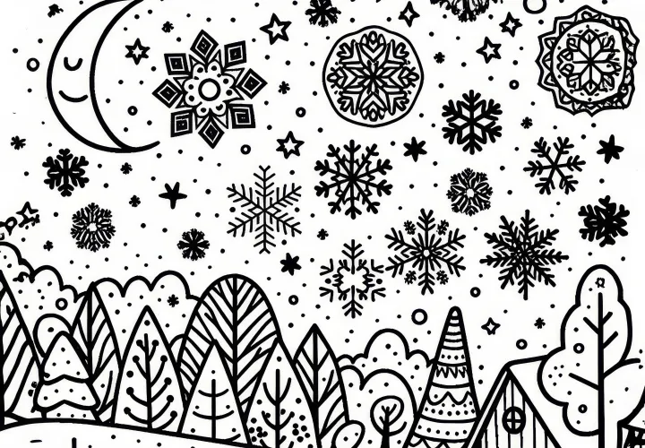 Sneeuwvlokken in december: Gratis kleurplaat