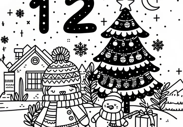 Getal 12 met kerstboom: December kleurplaat (gratis)