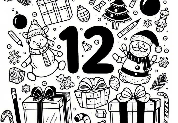 Getal 12 met kerstcadeaus: December kleurplaat (Gratis)