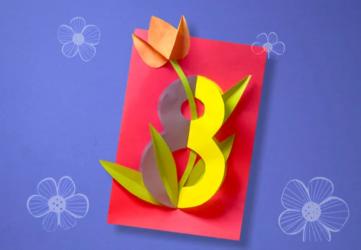 DIY 3D-Kartu untuk 8 Maret: Kartu bunga unik untuk Mama pada Hari Perempuan