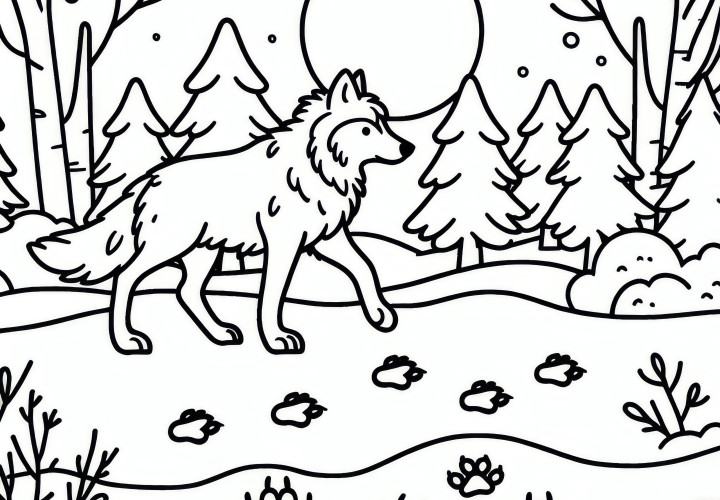 Wolf walking through a snowy forest with animal tracks in the snow: Simple coloring page (Free)