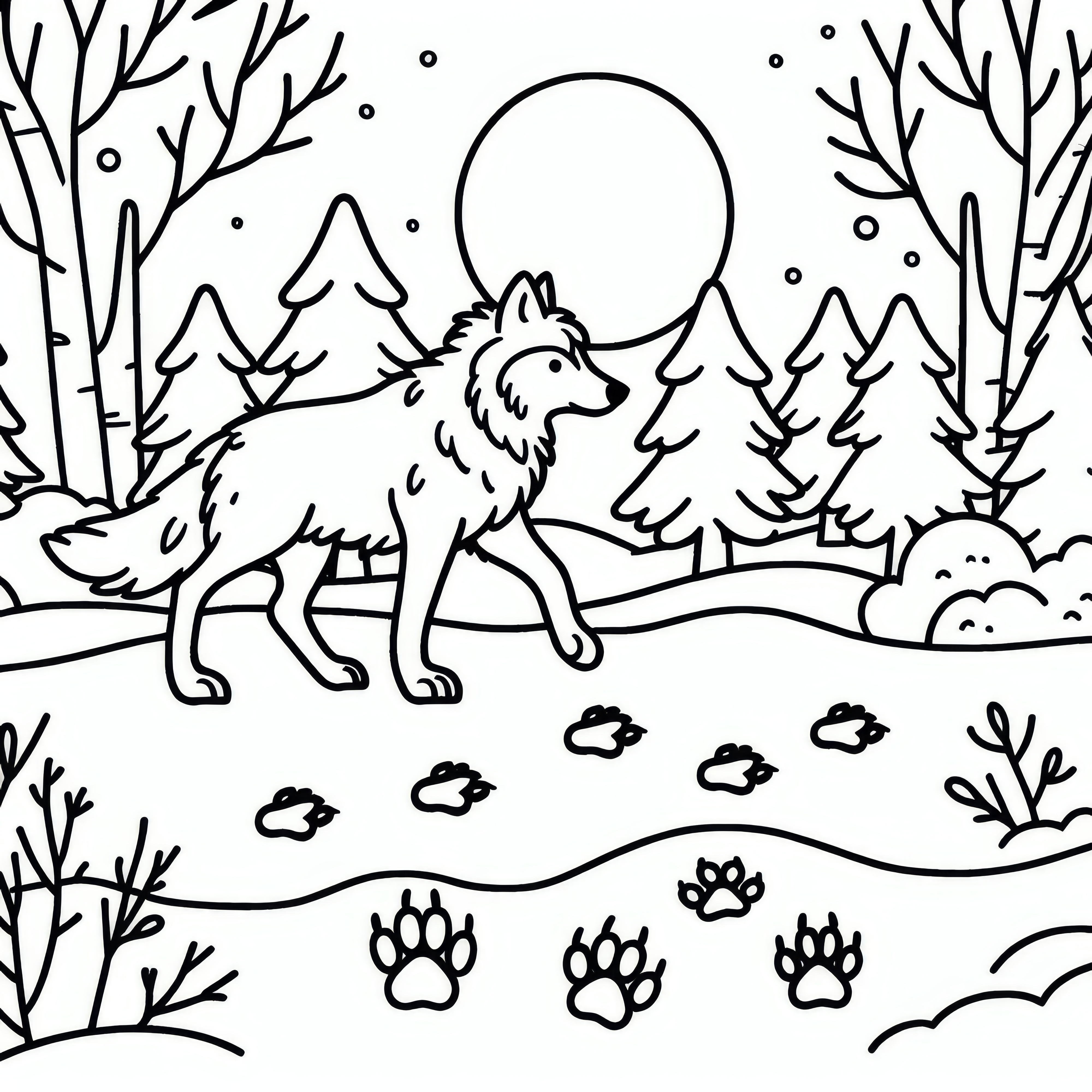 Wolf walks through snowy forest with animal tracks in the snow: Simple coloring page (Free)