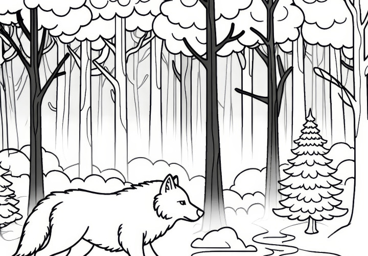 Wolf walks through a foggy forest with tall trees: Simple coloring page (Free)