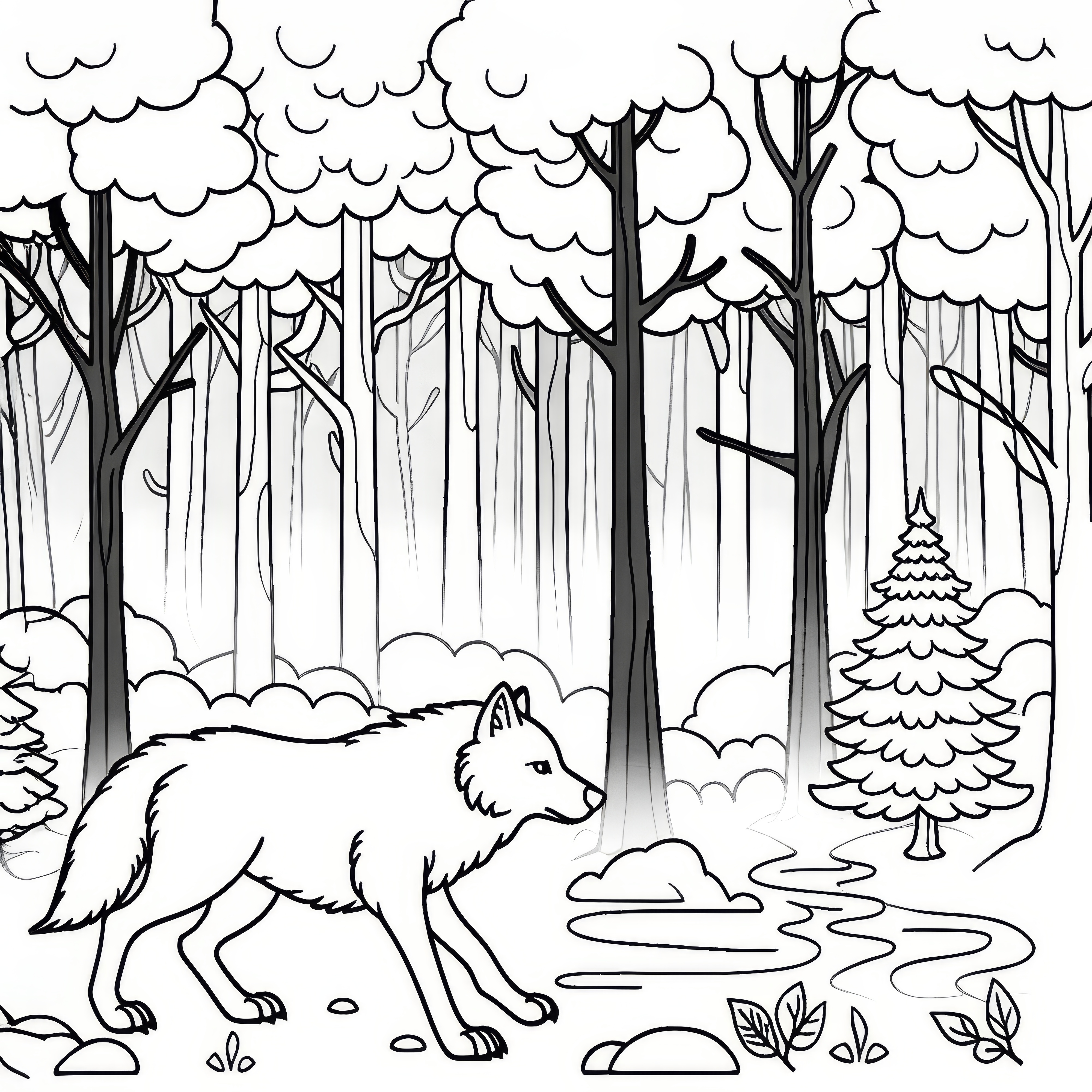 Wolf walks through a foggy forest with tall trees: Simple coloring page (Free)