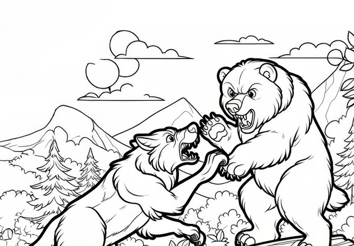 Fighting wolf and a bear in a wild scene: Simple coloring page (Free)