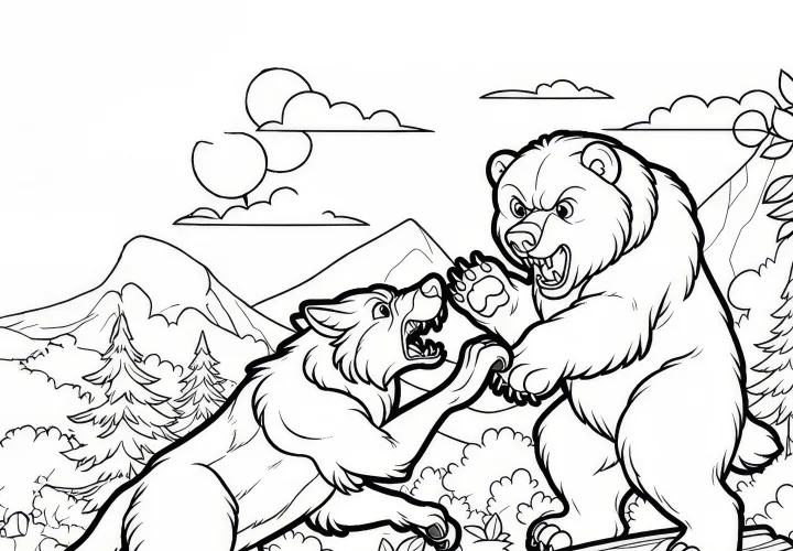 Lobo luchador y un oso en una escena salvaje: Imagen para colorear sencilla (Gratis)