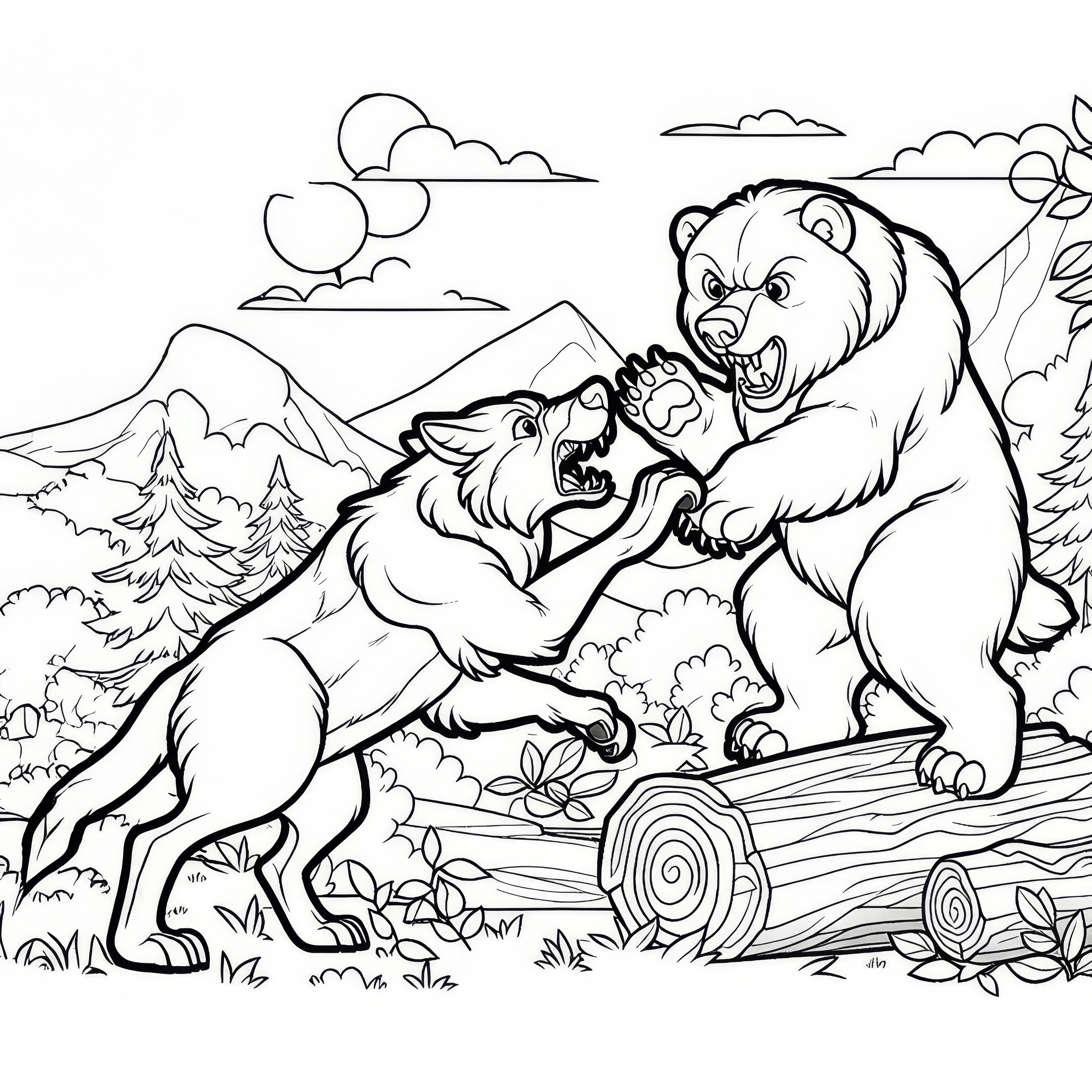 Fighting wolf and a bear in a wild scene: Simple coloring page (Free)