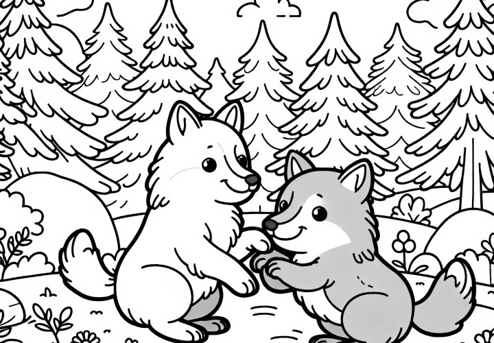 Two wolves are playing together in a clearing in the forest: Simple coloring page (Free)