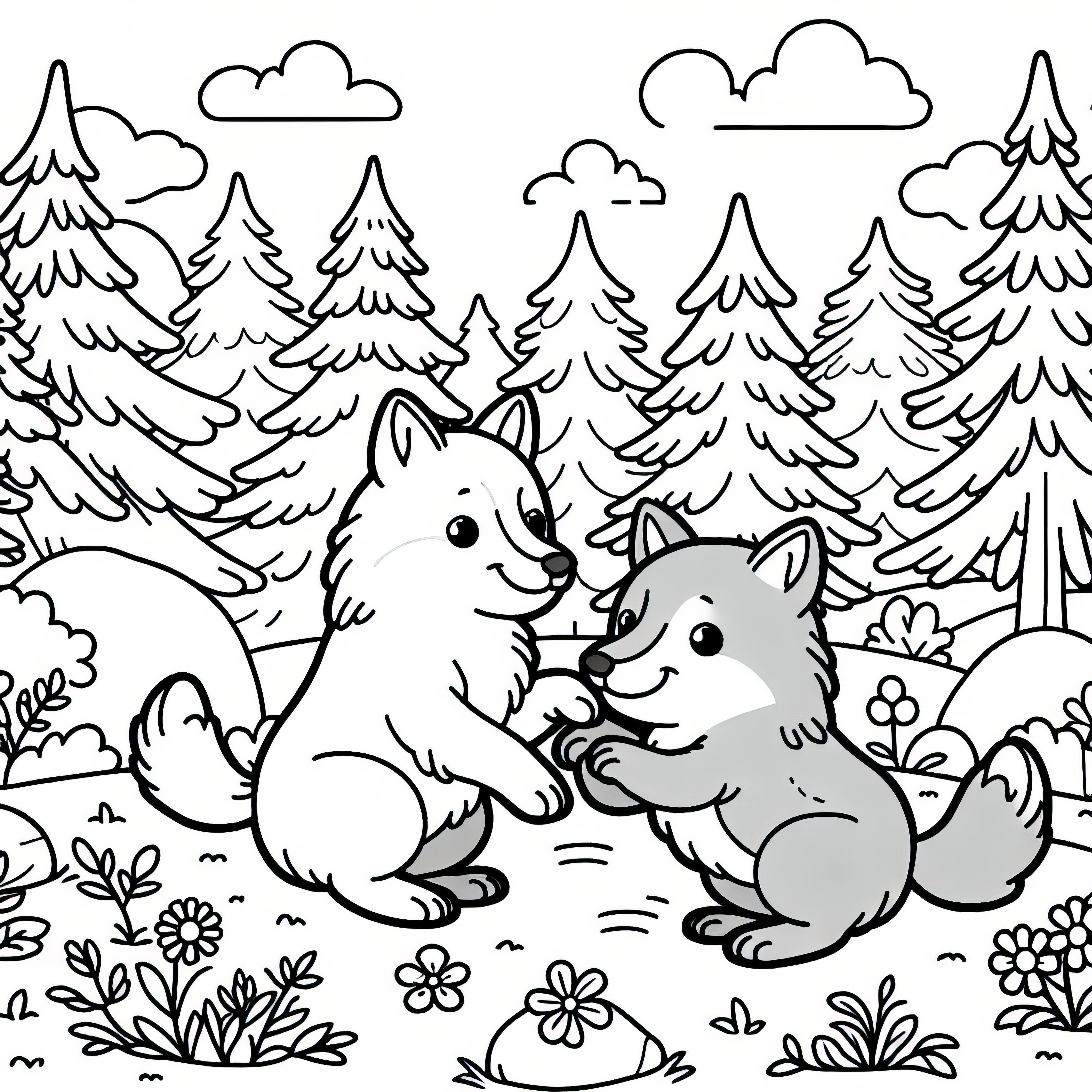 Two wolves are playing together in a clearing in the forest: Simple coloring page (Free)
