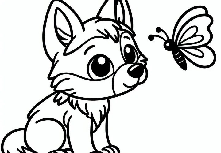 Lobo con orejas levantadas observa curiosamente una mariposa: Plantilla de dibujo simple (Gratis)
