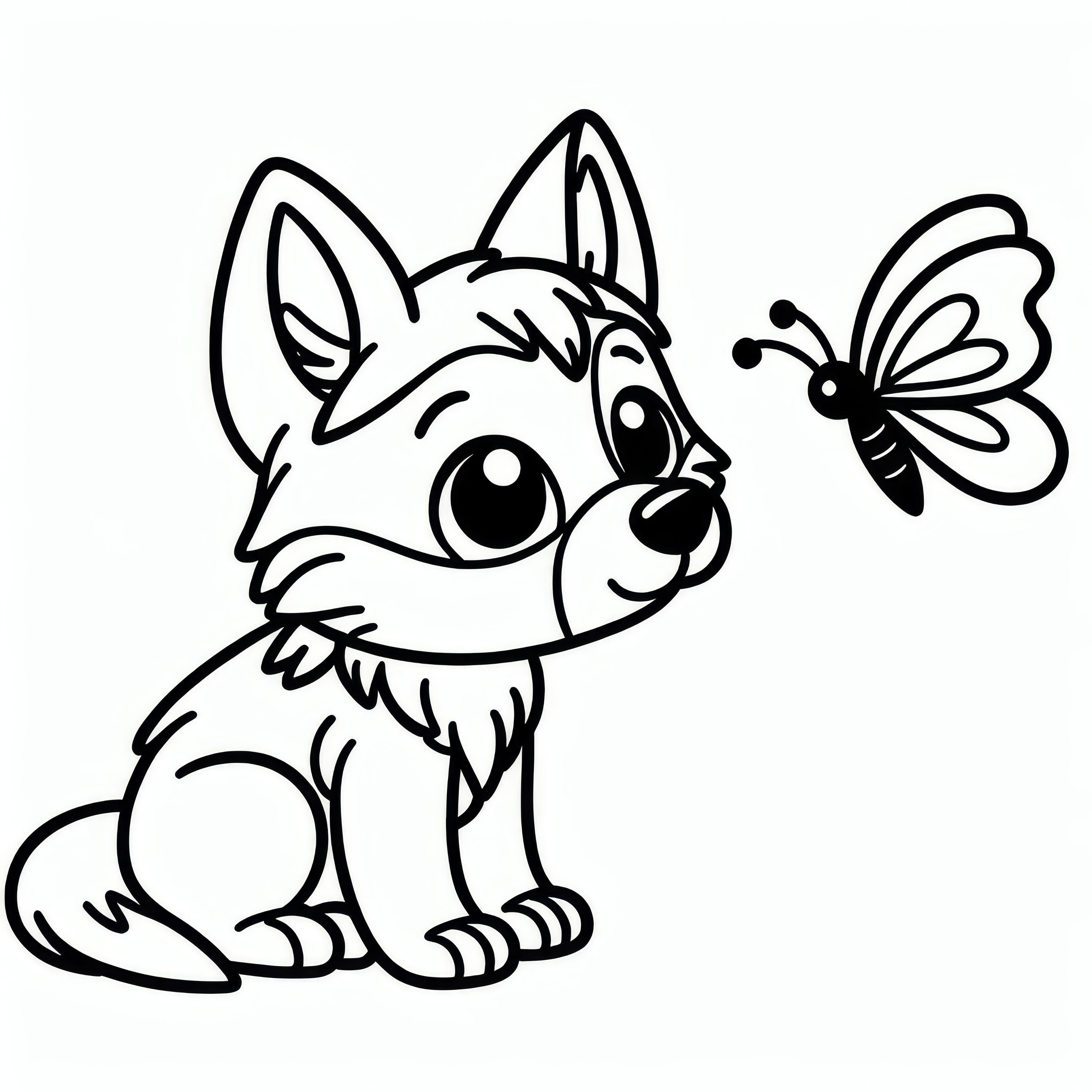 Wolf with perked ears curiously observes a butterfly: Simple coloring template (Free)
