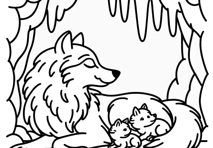 Loba con sus cachorros descansa en una cueva: Sencillo modelo para colorear (Gratis)