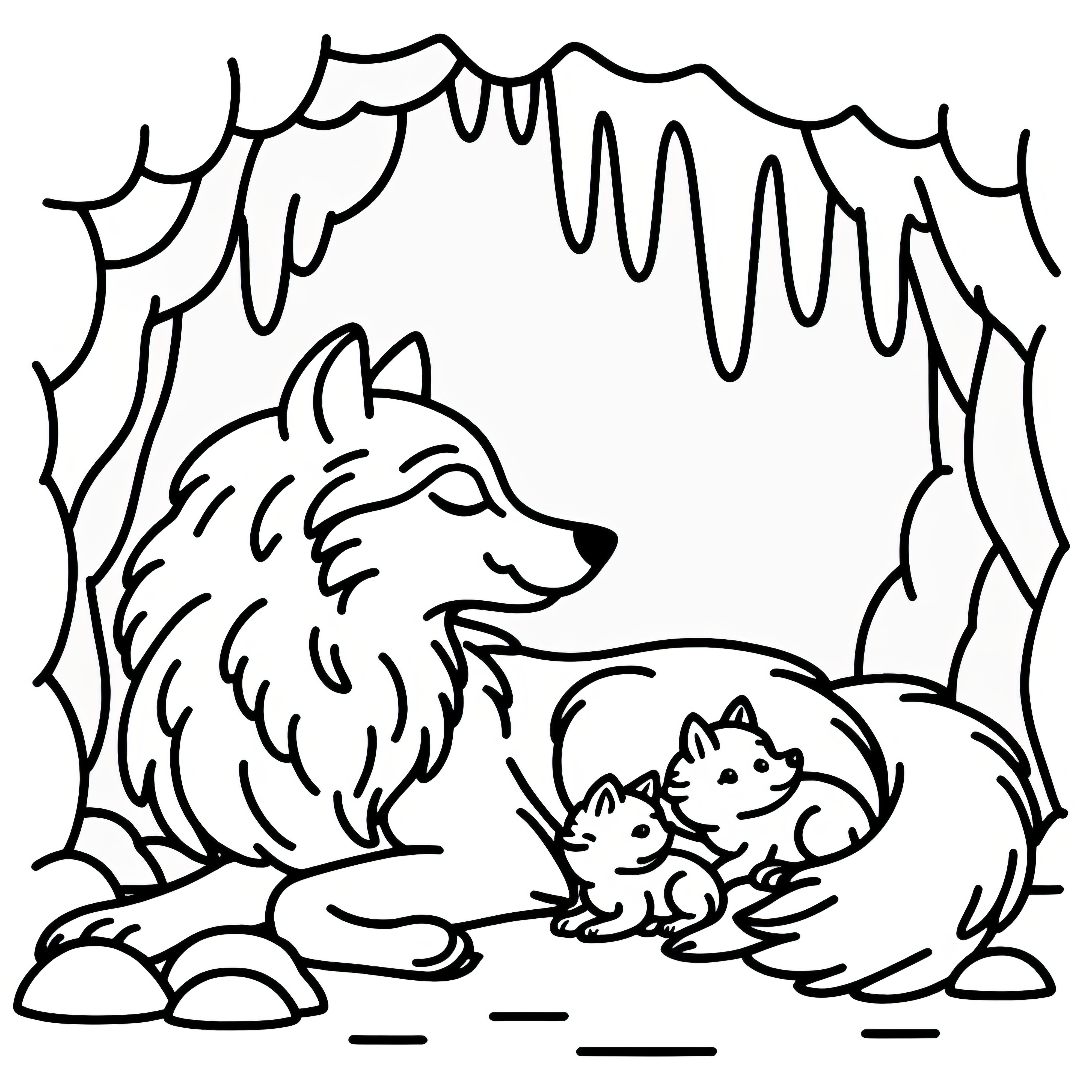 Wolfess with her pups resting in a cave: Simple coloring template (Free)