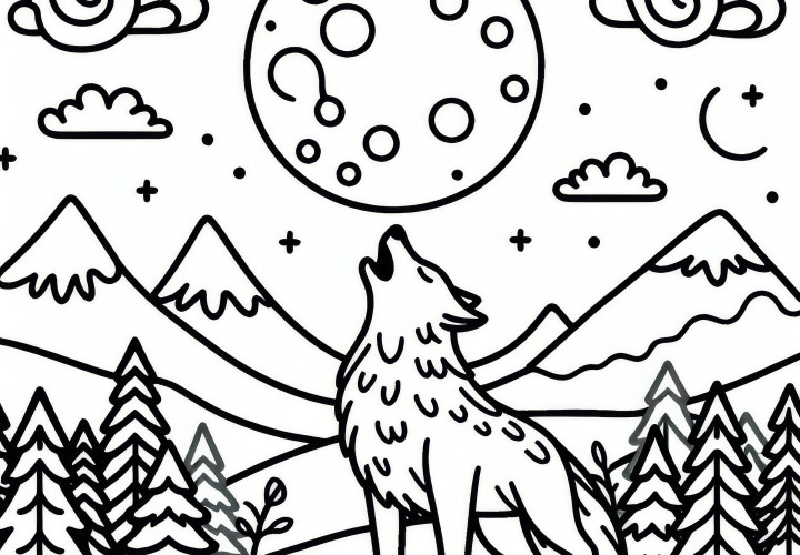 Wolf howls under full moon in mountain landscape: Simple coloring template (Free) Wolf howls under full moon in mountainous landscape: Simple coloring template (Free)