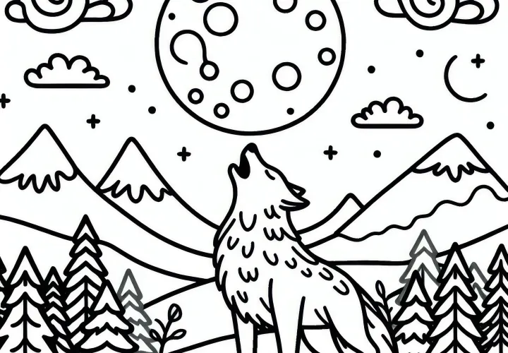 Lobo aúlla bajo la luna llena en paisaje montañoso: Plantilla de dibujo sencilla (Gratis)