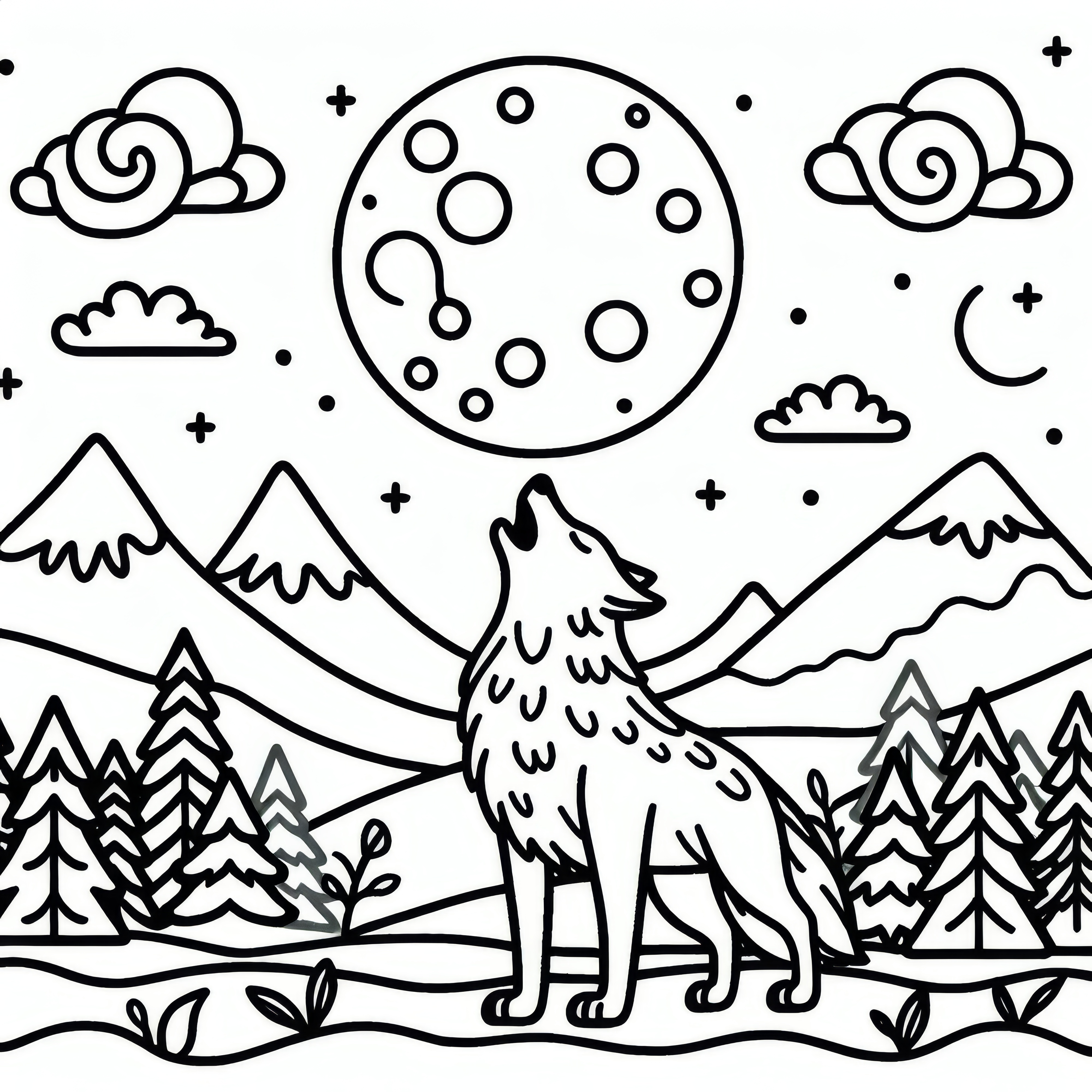 Wolf howls under full moon in mountain landscape: Simple coloring template (Free)