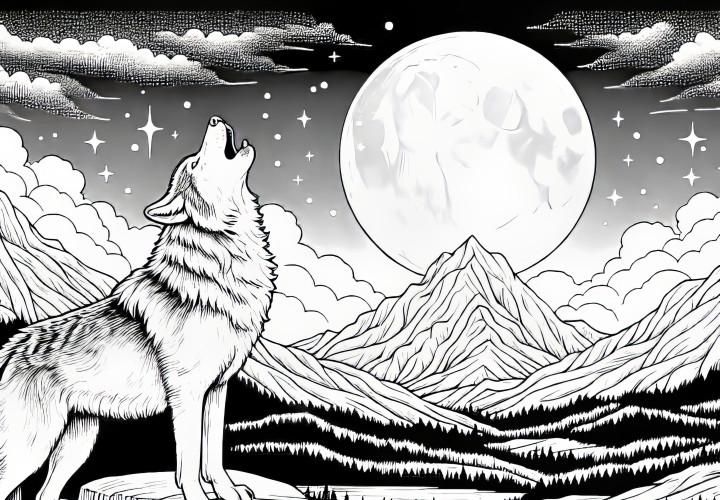 Wolf howls under full moon at night in mountain landscape: Coloring page for download (Free)