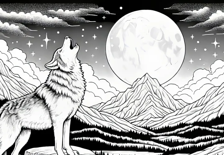 Un lobo aúlla bajo la luna llena de noche en un paisaje montañoso: Imagen para colorear para descargar (Gratis)