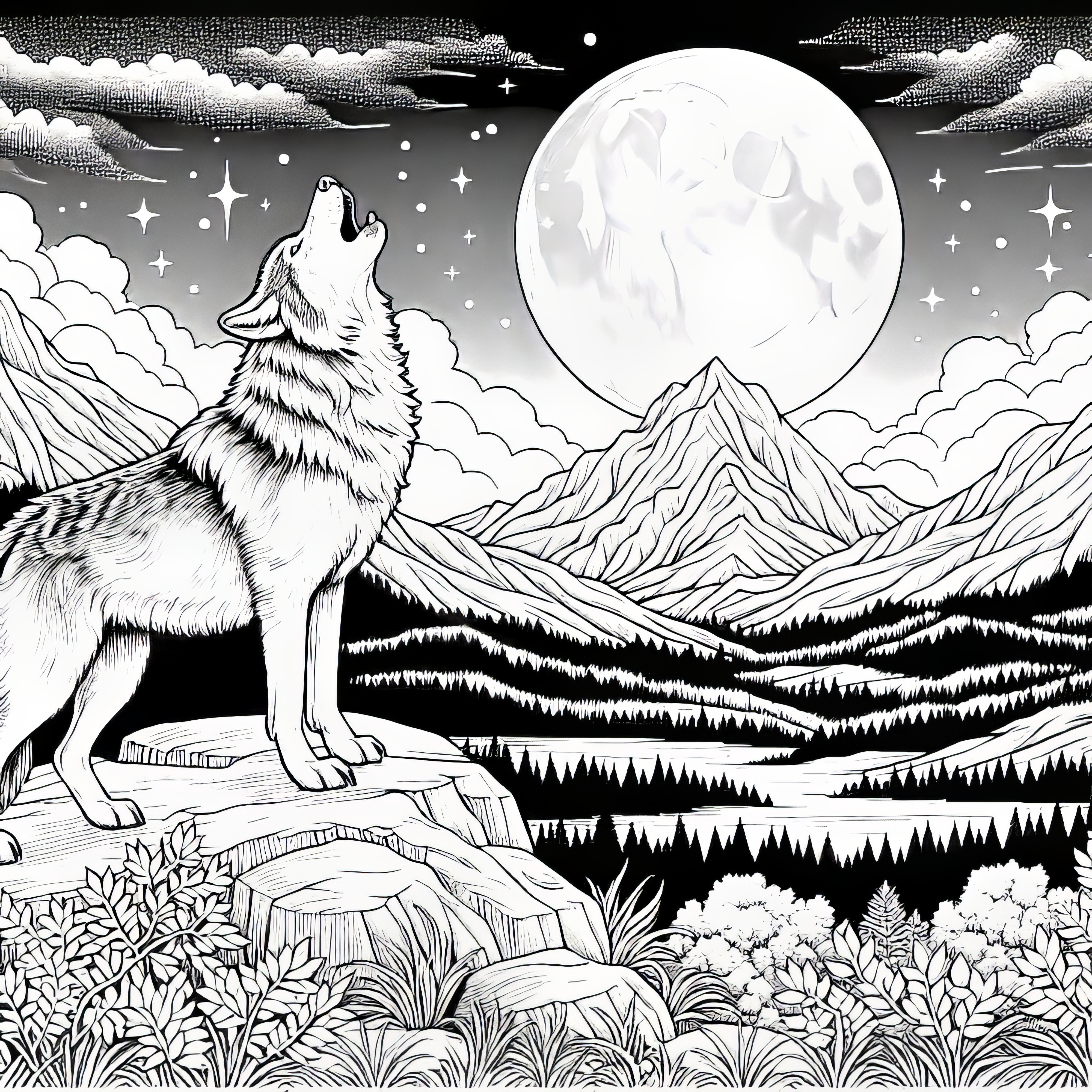 Wolf howling under full moon at night in mountain landscape: Coloring page for download (Free)