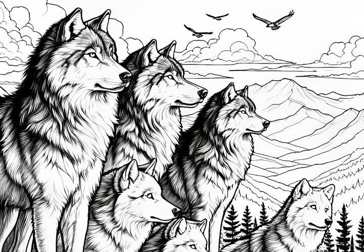 Wolf pack stands on a hill and gazes into the distance: Coloring template for download (Free) Wolf pack stands on a hill and looks into the distance: Coloring template for download (Free)