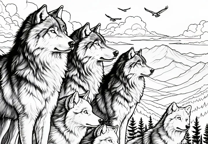 La manada de lobos está en una colina y mira a lo lejos: plantilla para colorear para descargar (gratis)