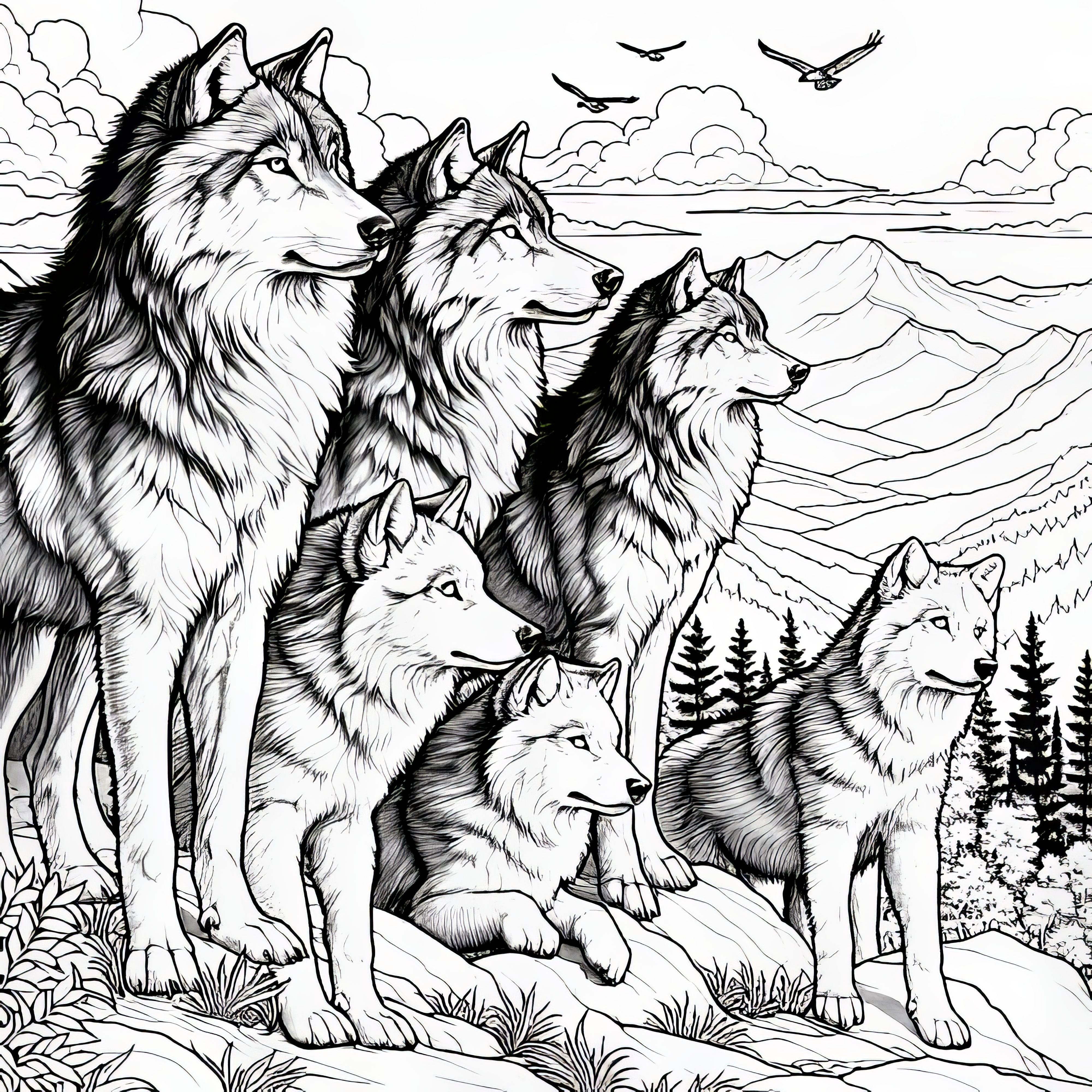 Wolf pack stands on a hill and looks into the distance: Coloring template for download (Free)