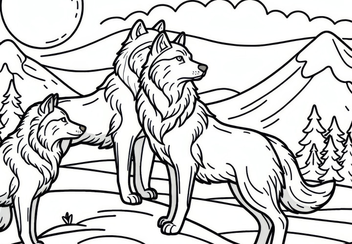 Wolf pack stands on a hill and looks into the distance: Simple coloring template (Free) Wolf pack stands on a hill and looks into the distance: Simple coloring template (Free)