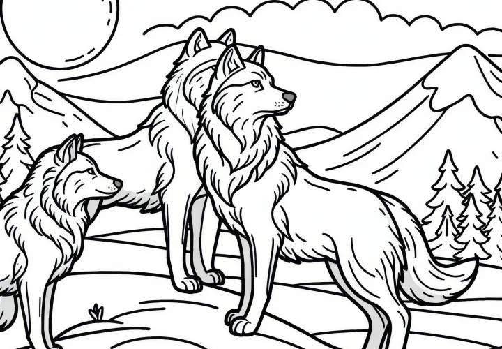 La manada de lobos está en la colina y mira a la distancia: Plantilla de dibujo simple (Gratis)