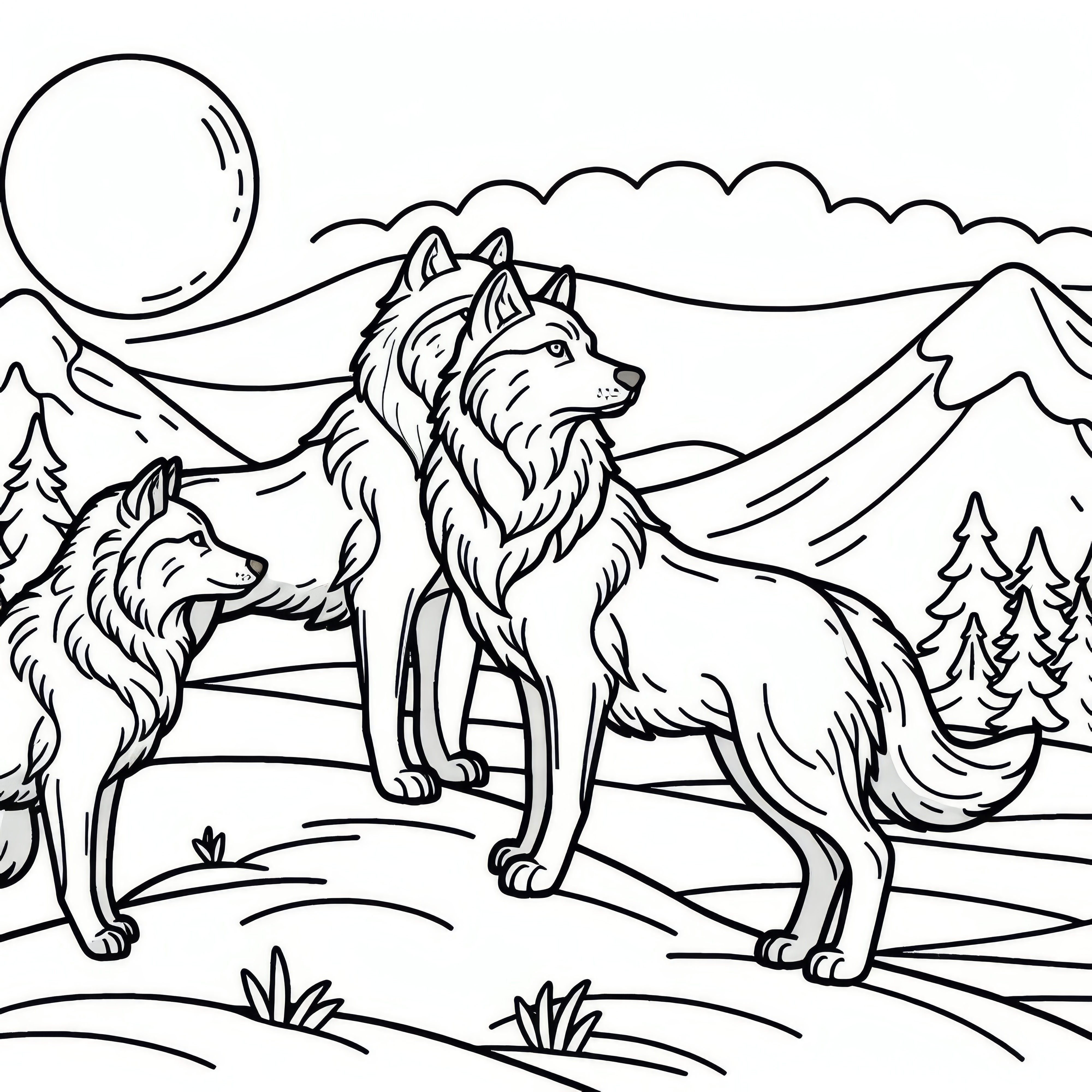 Wolf pack stands on a hill and looks into the distance: Simple coloring template (Free)