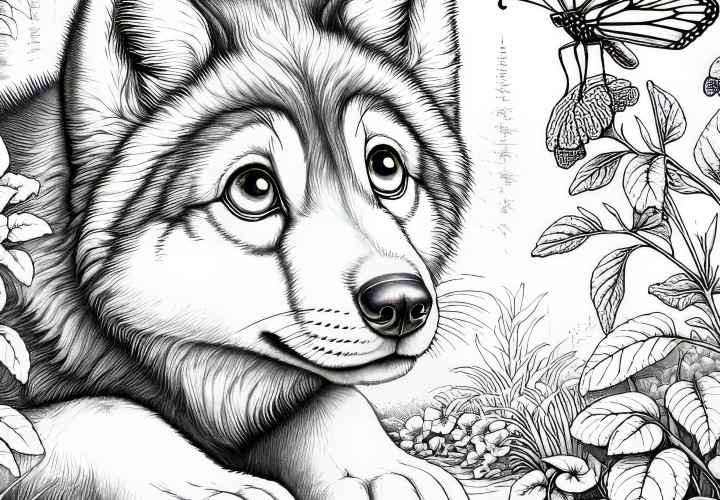 Wolf with perky ears curiously watching a butterfly: Free coloring page