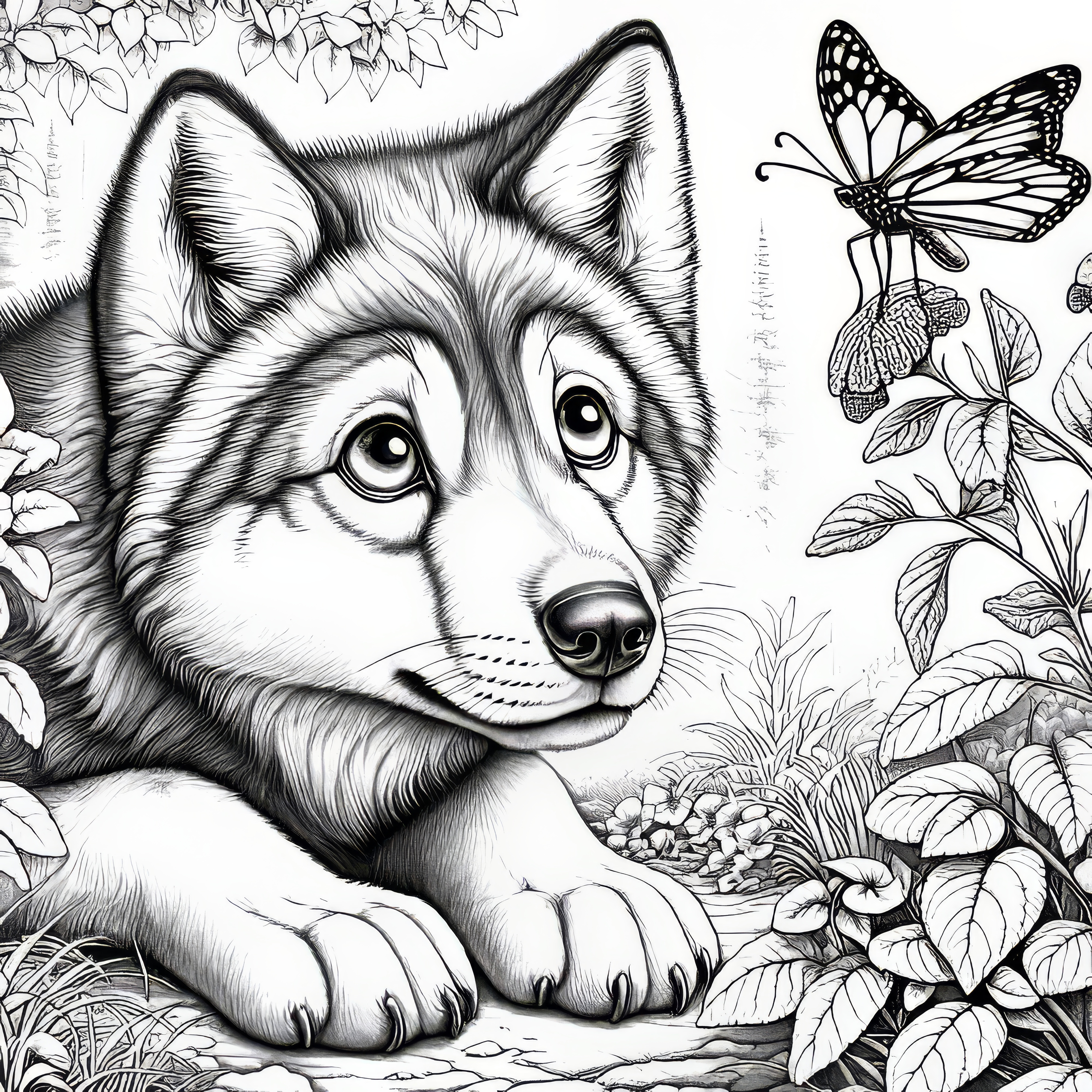 Wolf with perked ears curiously watches a butterfly: Free coloring page