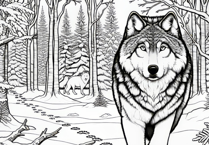 Wolf walks through a snowy forest with animal tracks in the snow: Detailed coloring page (Free)