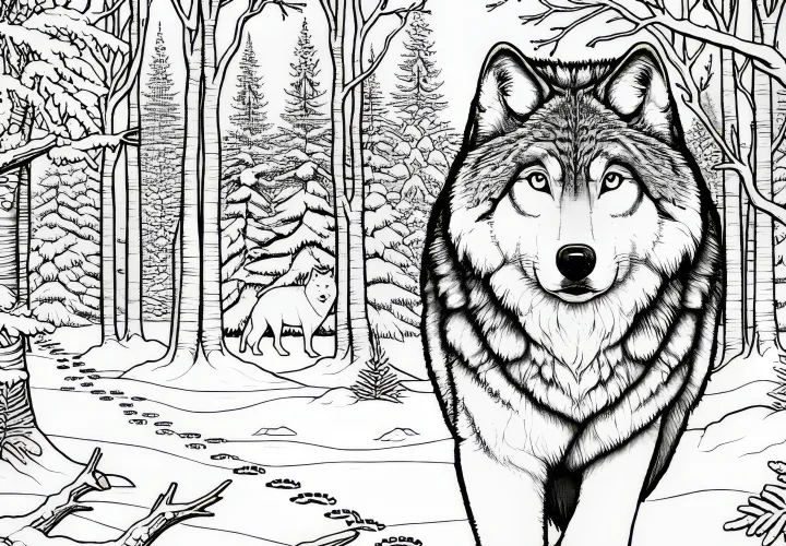Lobo camina por un bosque nevado con huellas de animales en la nieve: Plantilla para colorear detallada (Gratis)