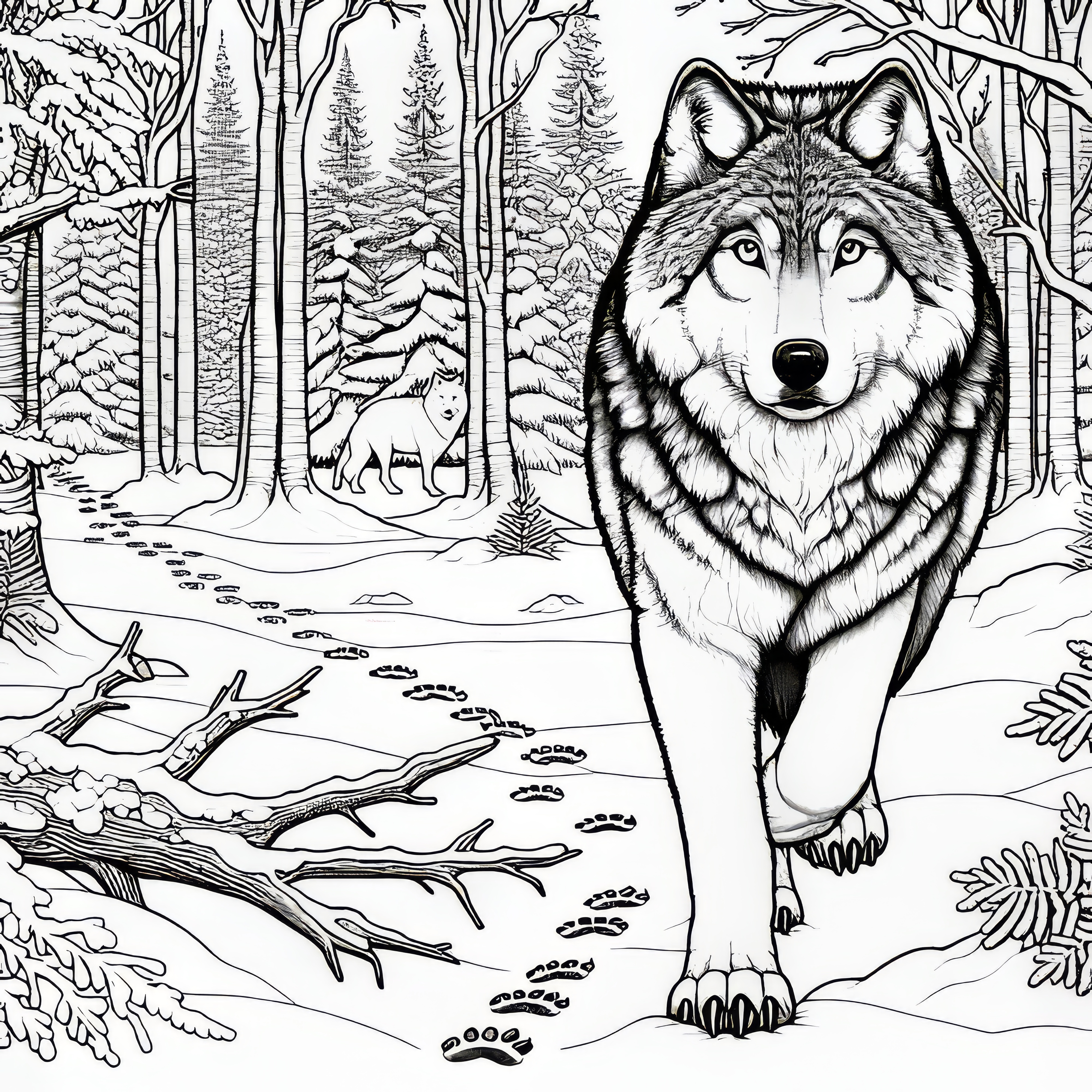 Wolf walks through a snow-covered forest with animal tracks in the snow: Detailed coloring page (Free)