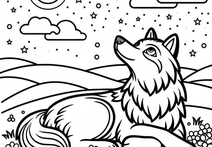 Peaceful wolf lies in the grass and looks at the sky: Simple coloring template (Free) Peaceful wolf lies in the grass and looks at the sky: Simple coloring template (Free)