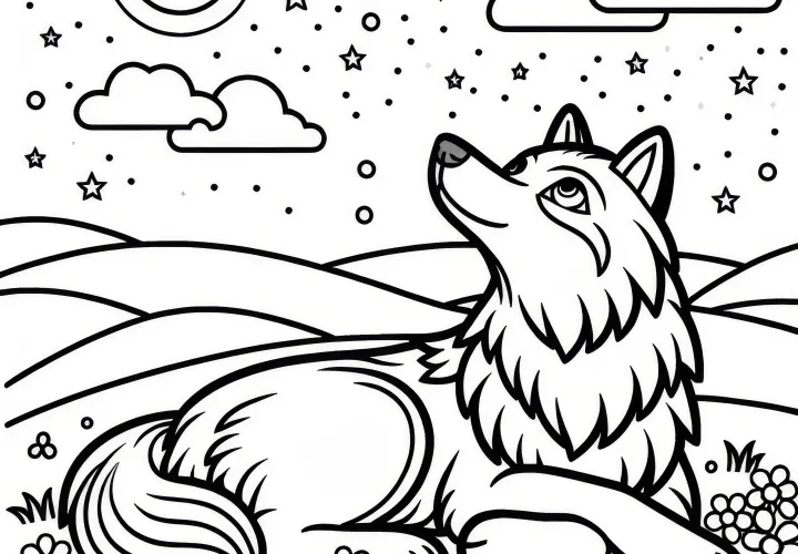 Lobo pacífico yace en la hierba y mira al cielo: Plantilla de coloración sencilla (Gratis)