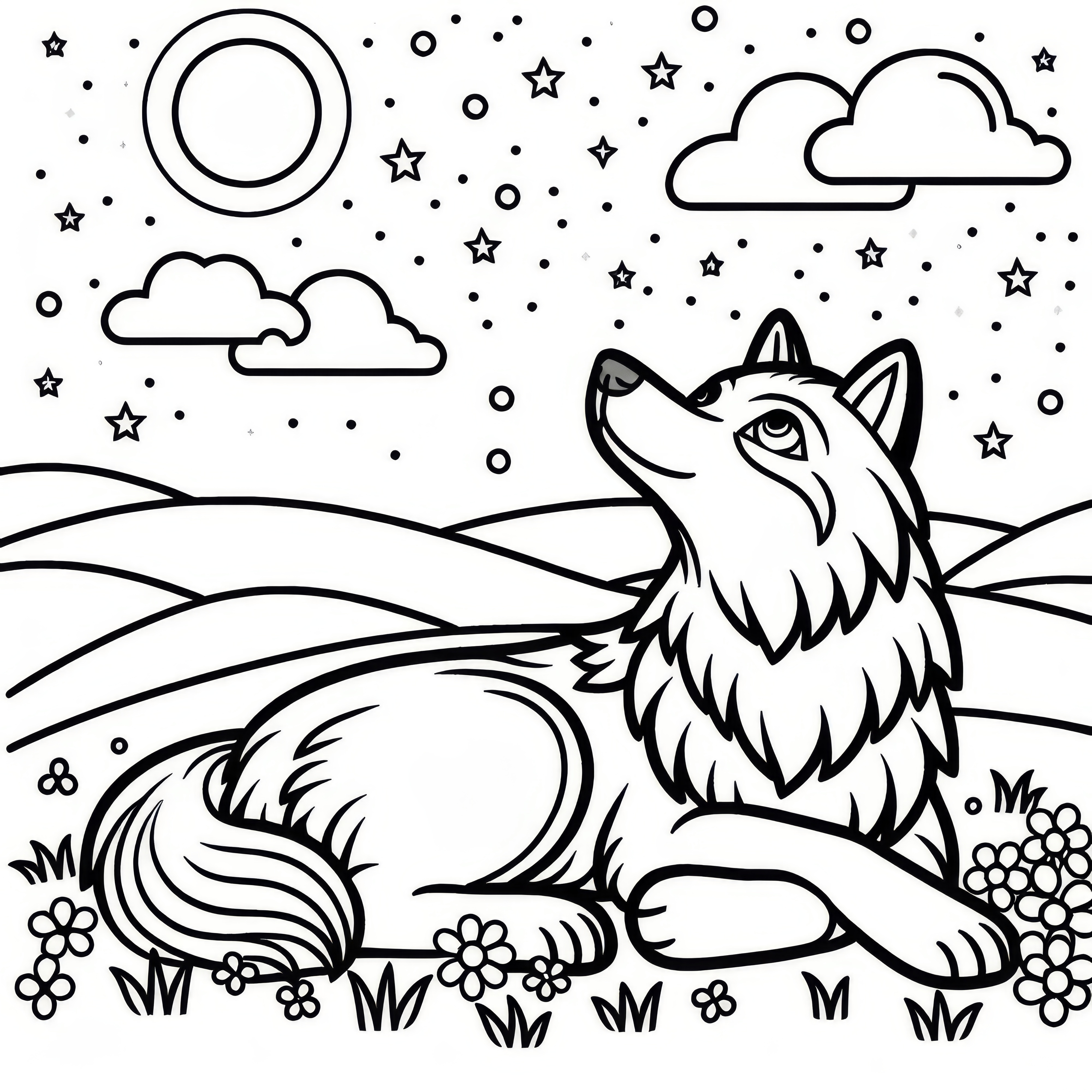 Peaceful wolf lying in the grass and looking at the sky: Simple coloring page (Free)