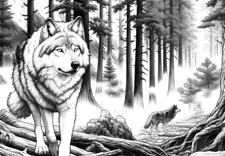 Wolf walks through a foggy forest with tall trees: Coloring page for download (Free) Wolf walks through a foggy forest with tall trees: Coloring page for download (Free)