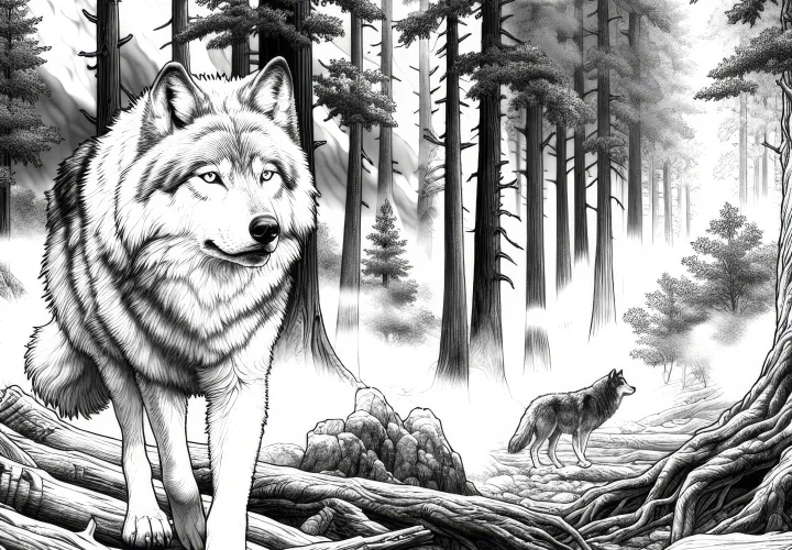El lobo camina a través de un bosque envuelto en niebla con altos árboles: plantilla para colorear para descargar (gratis)