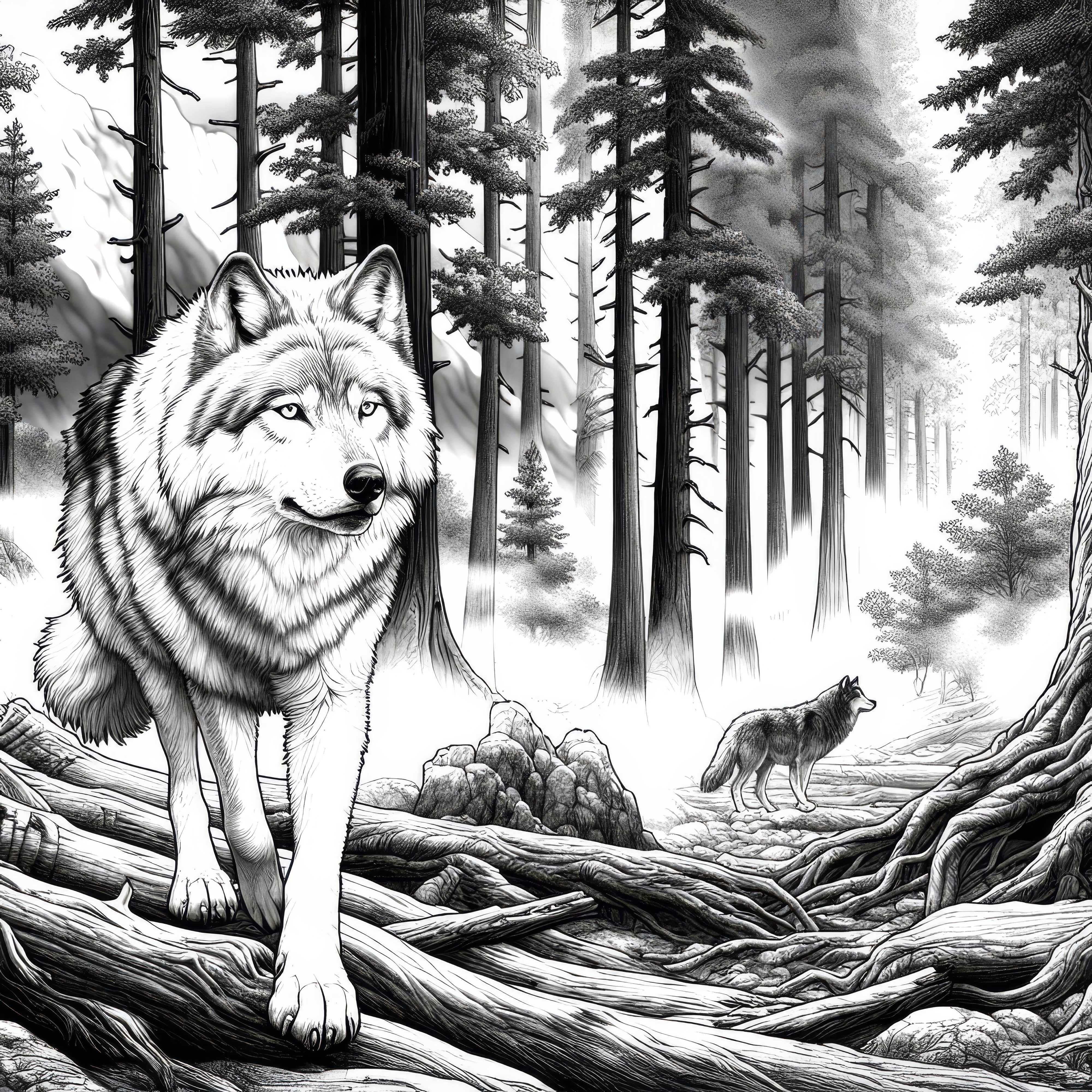 Wolf walks through a foggy forest with tall trees: Coloring page for download (Free)