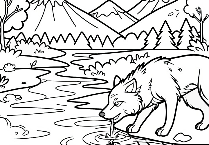 Wolf drinking water from river with reflective surface: Simple coloring page (Free)