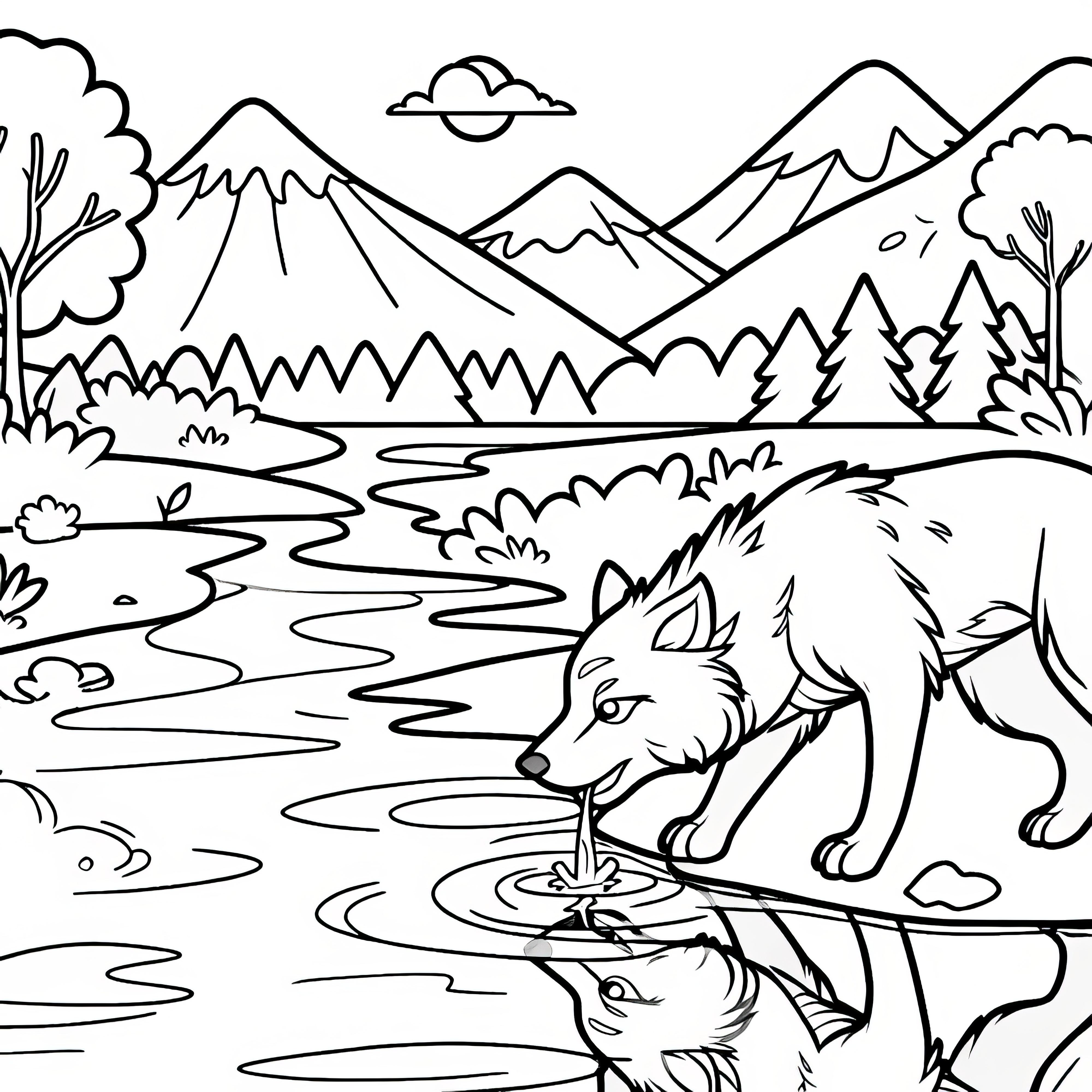 Wolf drinks water from river with reflective surface: Simple coloring template (Free)