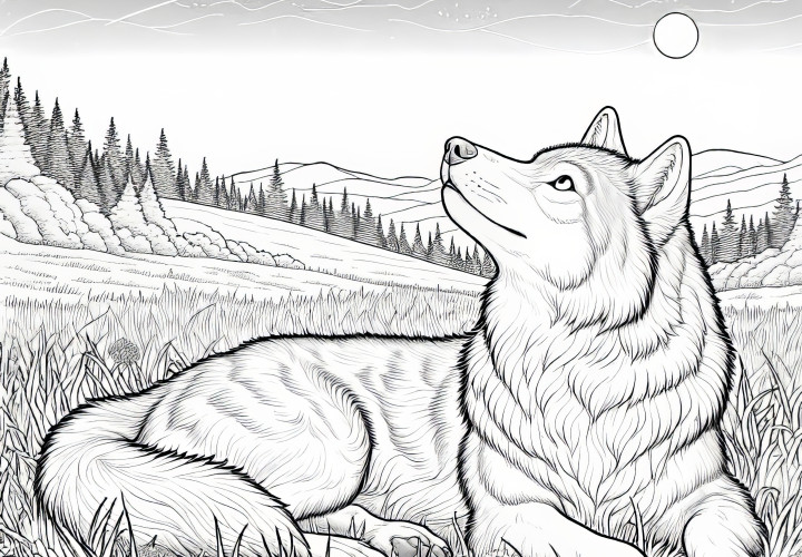 Peaceful wolf lying in the grass and looking at the sky: Free coloring template Peaceful wolf lying in the grass and looking at the sky: Free coloring page