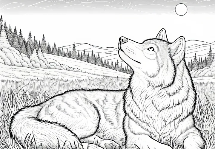 Lobo pacífico yace en la hierba y mira al cielo: Plantilla de pintura gratuita